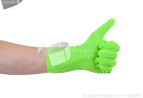 Image of Green glove for cleaning show thumbs up