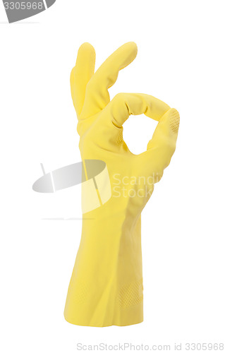 Image of Hand gesturing with yellow cleaning product glove