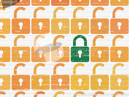 Image of Security concept: closed padlock icon on wall background