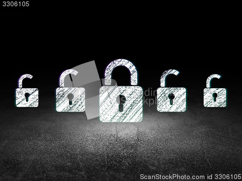 Image of Safety concept: closed padlock icon in grunge dark room