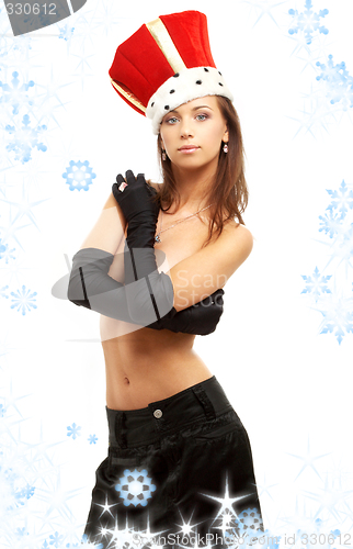Image of girl in black gloves and red crown with snowflakes