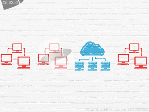 Image of Cloud networking concept: cloud network icon on wall background