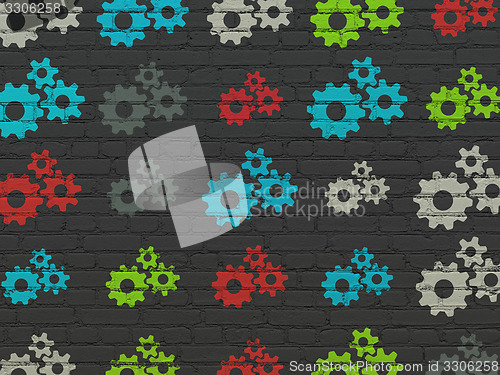 Image of Web design concept: Gears icons on wall background