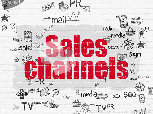 Image of Advertising concept: Sales Channels on wall background