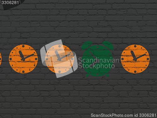 Image of Time concept: alarm clock icon on wall background