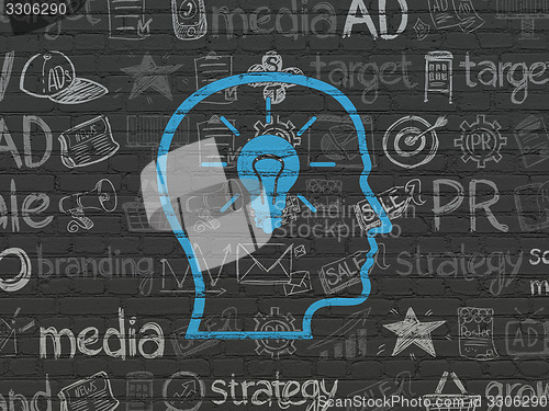 Image of Advertising concept: Head With Lightbulb on wall background