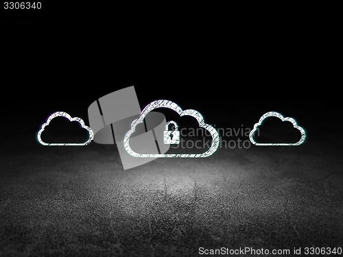 Image of Cloud technology concept: cloud with padlock icon in grunge dark room