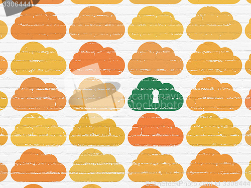Image of Cloud computing concept: cloud with keyhole icon on wall background
