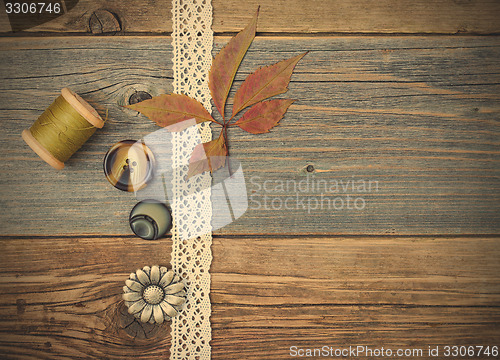 Image of tape lace, button, reel thread and herbarium