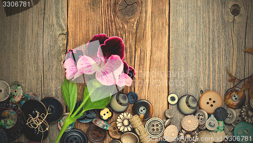 Image of vintage buttons with a geranium flower
