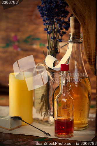 Image of Vintage still life with pharmacy vials