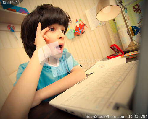 Image of Surprised boy looking at a computer monitor