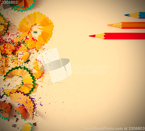 Image of colored pencils and shavings with copy space