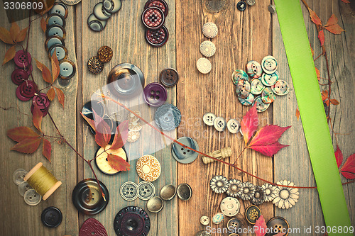 Image of vintage buttons, reel with thread, herbarium and green tape