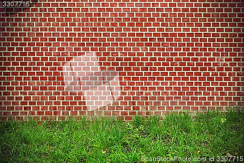 Image of Brick wall and green grass background