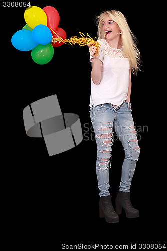 Image of Portrait of a happy young woman with a bundle of balloons