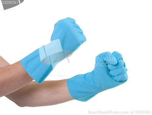 Image of Hands in a rubber gloves gesturing fist