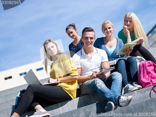 Image of students outside sitting on steps