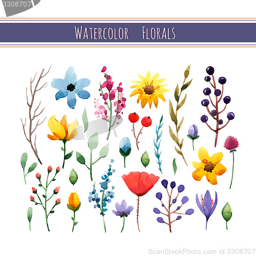 Image of Watercolor floral collection with leaves and flowers. 