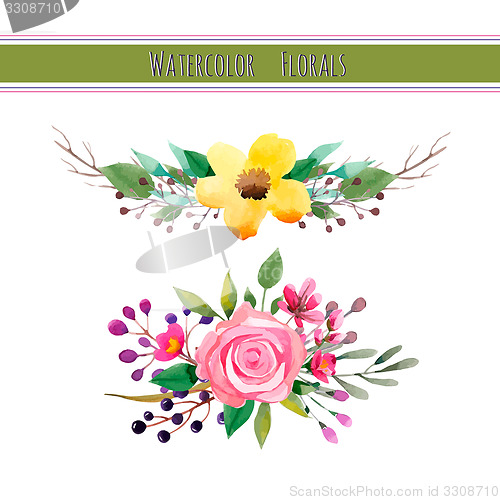 Image of Watercolor flowers with foliage and branch.Vector illustration