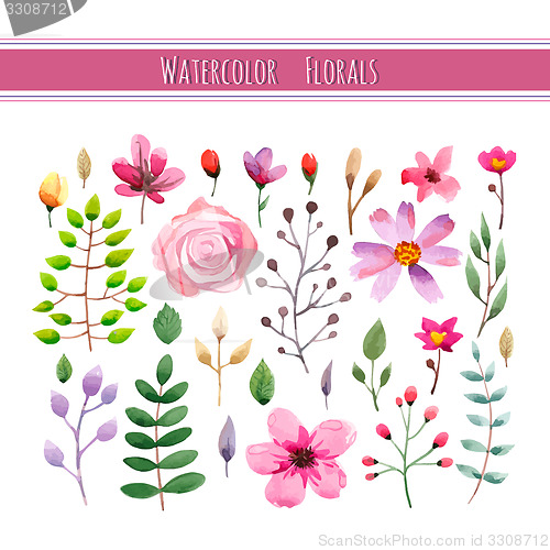 Image of Watercolor floral collection with leaves and flowers. 
