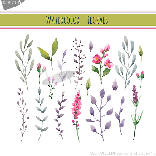 Image of Watercolor floral collection with leaves and flowers. 