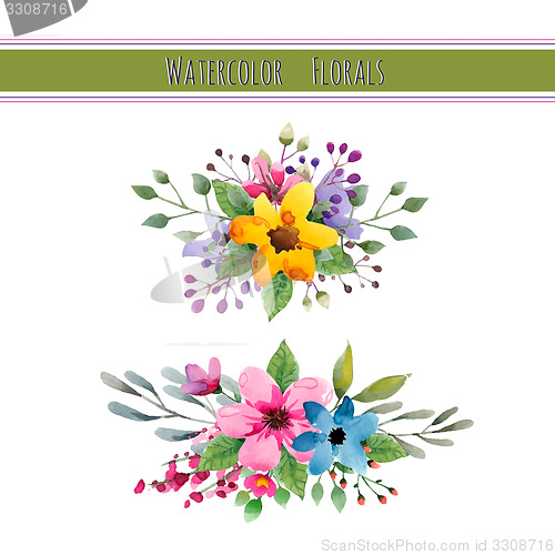 Image of Watercolor flowers with foliage and branch.Vector illustration