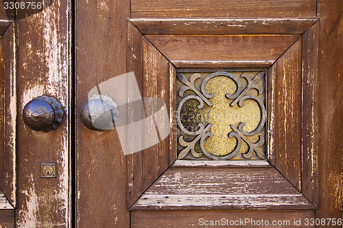 Image of brass brown knocker and wood    caronno varesino varese  