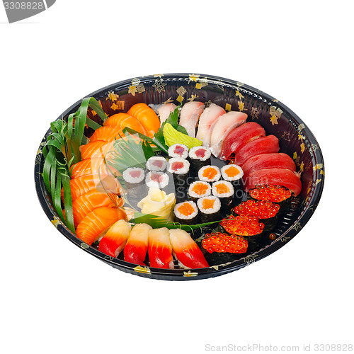 Image of take away sushi express on plastic tray 