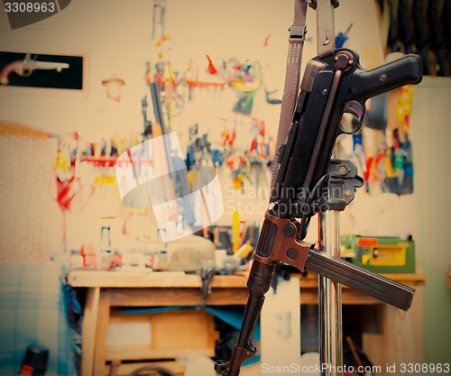 Image of MP38 sub machine gun in the interior restoration workshop