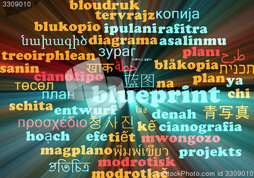 Image of Blueprint multilanguage wordcloud background concept glowing