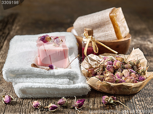 Image of still life with spa towels and natural soap