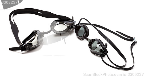 Image of Black goggles for swimming on white background