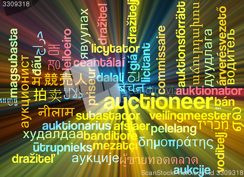 Image of Auctioneer multilanguage wordcloud background concept glowing