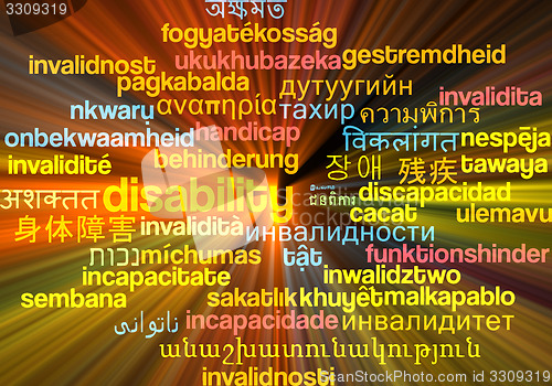 Image of Disablity multilanguage wordcloud background concept glowing