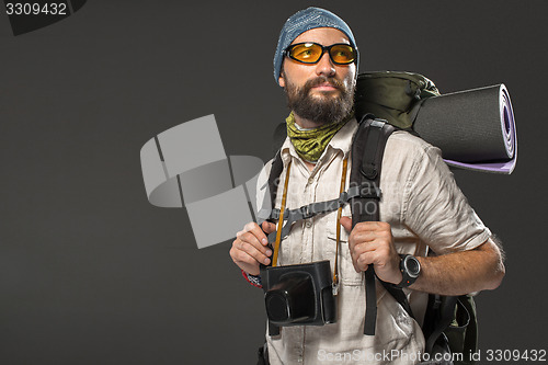 Image of Portrait of a male fully equipped tourist 