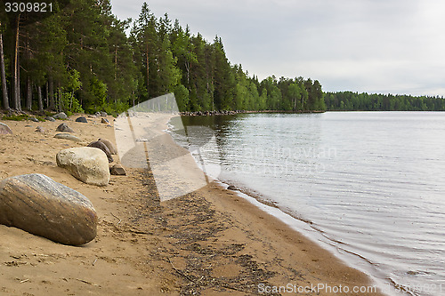 Image of Wild nothern forest lake beach