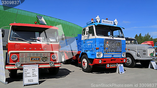 Image of Three Classic Volvo Trucks from 60s and 70s 