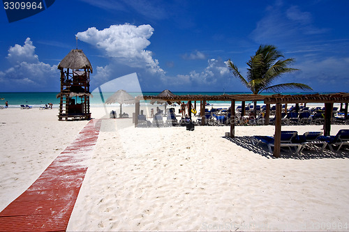 Image of lifeguard chair cabin in mexico rock stone 