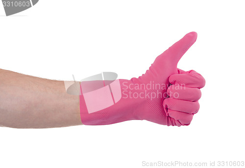 Image of Pink glove for cleaning show thumbs up