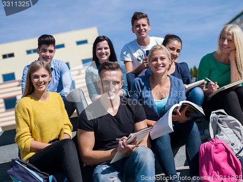 Image of students outside sitting on steps