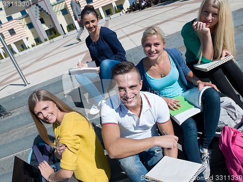 Image of students outside sitting on steps