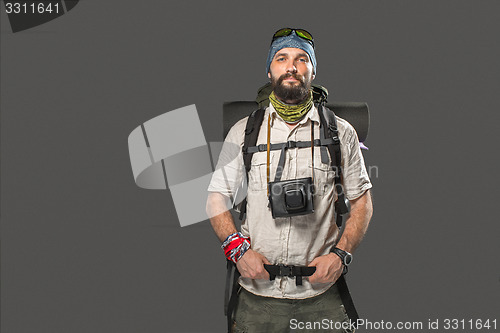 Image of Portrait of a male fully equipped tourist 