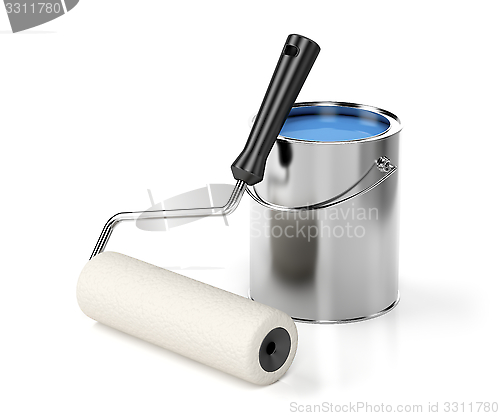 Image of Paint roller and blue paint