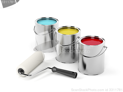 Image of Paint roller and paint canisters