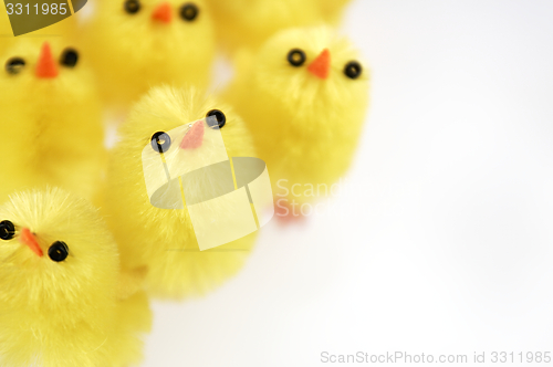 Image of Little yellow chickens. Easter decorations.