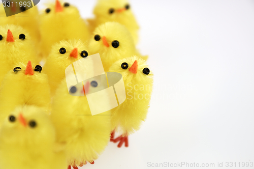 Image of Little yellow chickens. Easter decorations.