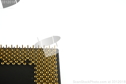 Image of Processor seen from the gold pins on a white background.