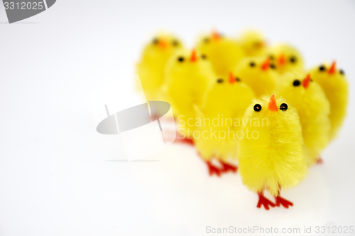 Image of Little yellow chickens. Easter decorations.