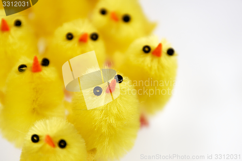 Image of Little yellow chickens. Easter decorations.